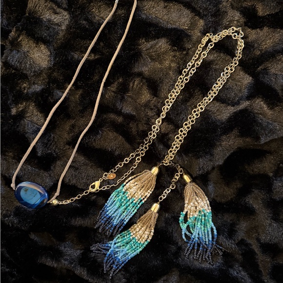 Vintage Chico’s Blue & Gold 3 Tassel Beaded Necklace & 1 Handmade Blue Necklace - Picture 3 of 3